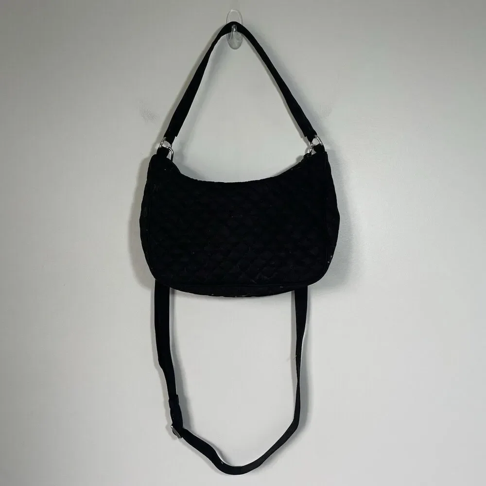 Vera Bradley Cotton Frannie Crescent Crossbody Quilted Shoulder Purse Black
